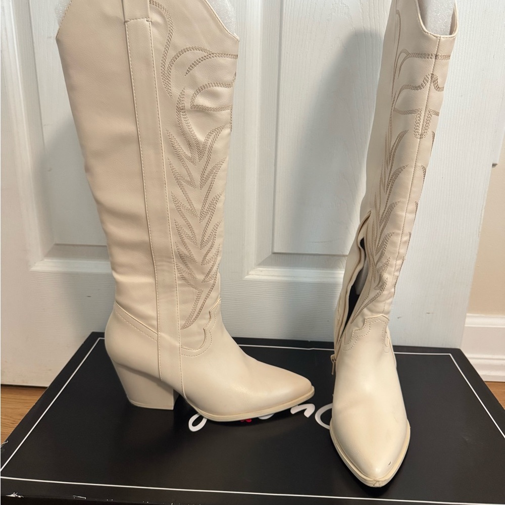 Qupid Cream Cowboy Heeled Boots